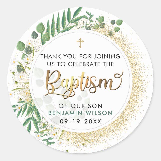 Botanical Green And Gold Baptism Thank You Classic Round Sticker (Front)