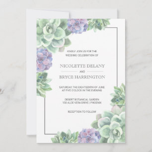 Botanical Green and Purple Succulent Frame Wedding Invitation