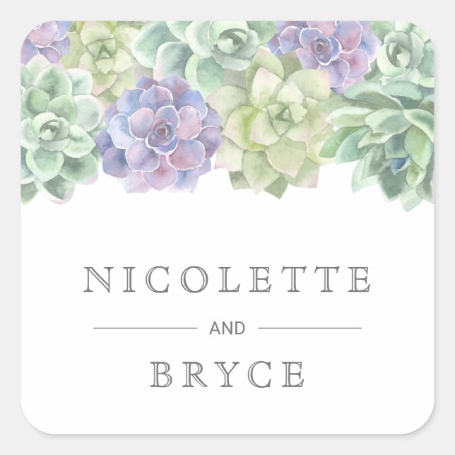 Botanical Green and Purple Succulents Wedding Square Sticker (Front)