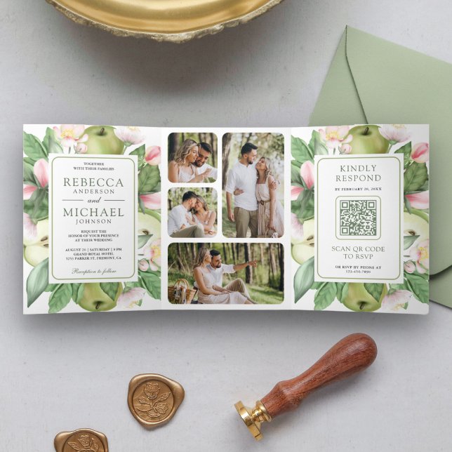 Botanical Green Apple Orchard QR Code Wedding Tri-Fold Invitation (Creator Uploaded)