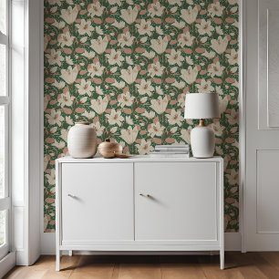 Botanical Green Beige Lily Floral Pattern Wallpaper