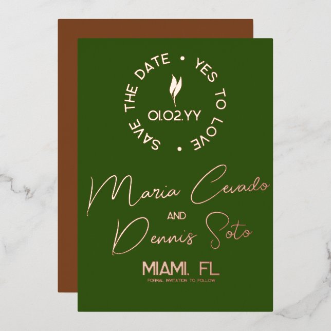 Botanical Green Brown Script Save the Date (Front/Back)