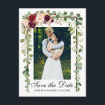 Botanical Green Burgundy Floral Save The Date Announcement Postcard<br><div class="desc">Modern Elegant,  Botanical Green Eucalyptus Leaves,  Watercolor Burgundy Floral,  Wood Frame,  Save The Date Engagement Photo Postcard</div>