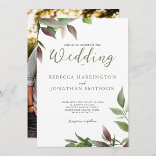 Botanical Green Burgundy Photo Wedding Invitation