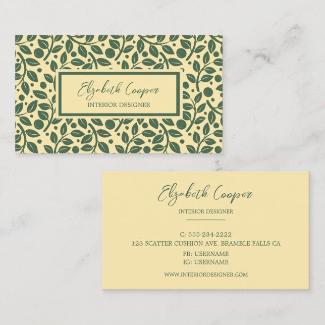 Botanical Green & Cream Leaf Pattern Business Card (Front/Back)