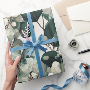 Botanical Green Eucalyptus White Floral Pattern Wrapping Paper