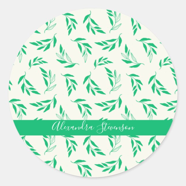 Botanical Green Floral Plant Leaves Personalized  Classic Round Sticker (Front)