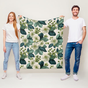 Botanical Green Flower Cream Floral Pattern Fleece Blanket