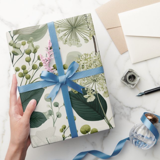 Botanical Green Flower Cream Floral Pattern Wrapping Paper (Gifting)