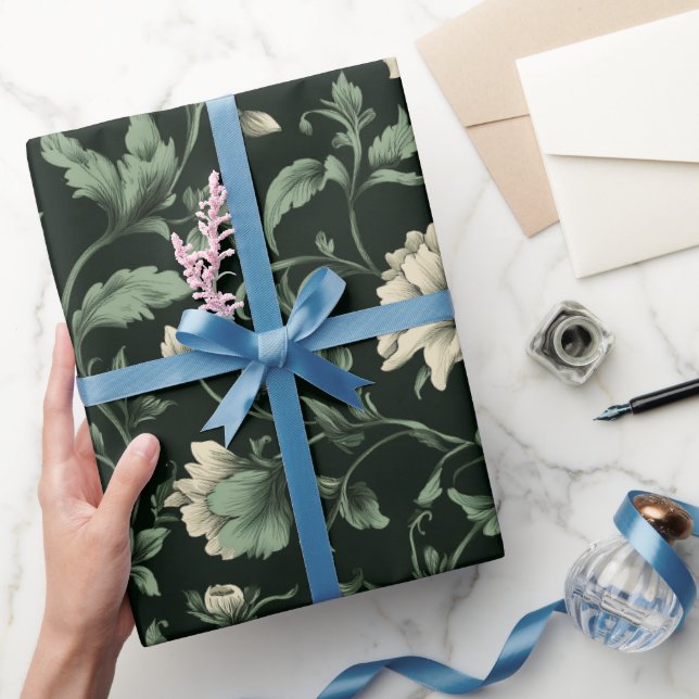 Botanical Green Flower Cream Floral Pattern Wrapping Paper (Gifting)
