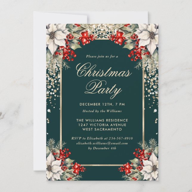 Botanical Green Gold Confetti Christmas Party Invitation (Front)