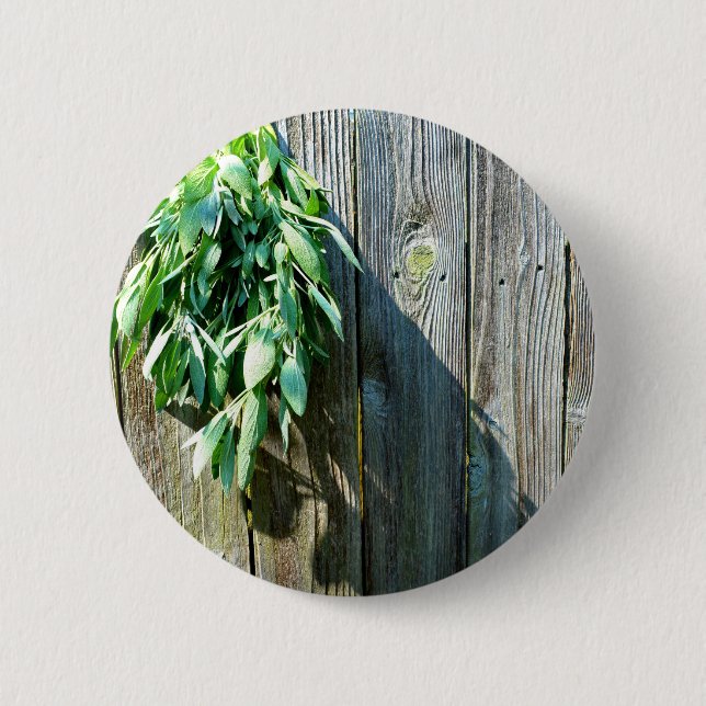 Botanical green herbs distressed wood grain 2 inch round button (Front)