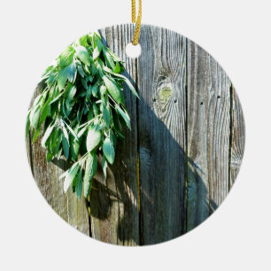 Botanical green herbs distressed wood grain ceramic ornament