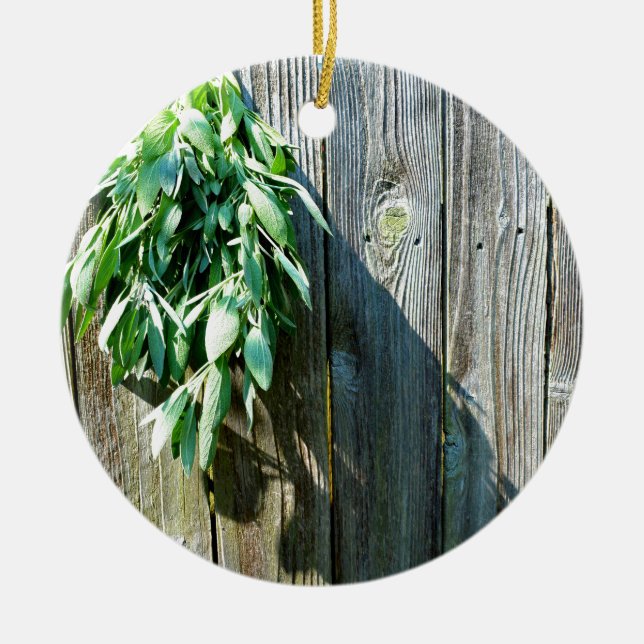 Botanical green herbs distressed wood grain ceramic ornament (Front)