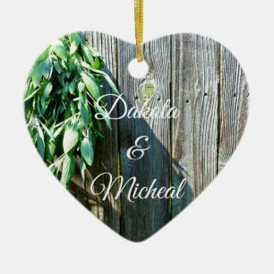 Botanical green herbs distressed wood grain ceramic ornament