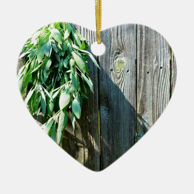 Botanical green herbs distressed wood grain ceramic ornament (Front)