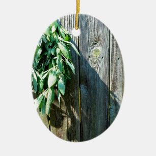 Botanical green herbs distressed wood grain ceramic ornament