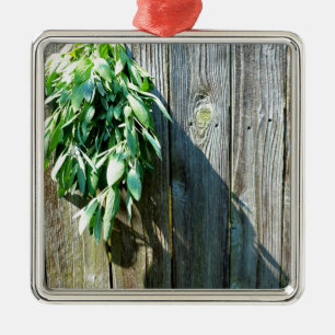 Botanical green herbs distressed wood grain metal ornament