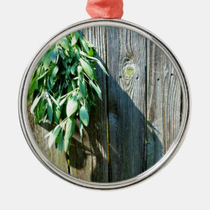 Botanical green herbs distressed wood grain metal ornament
