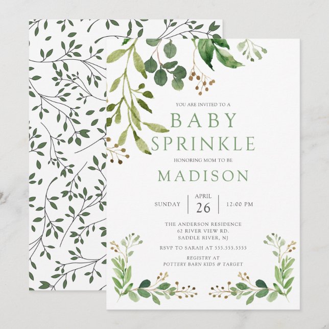 Botanical Green Leaf Baby Sprinkle Invitation (Front/Back)