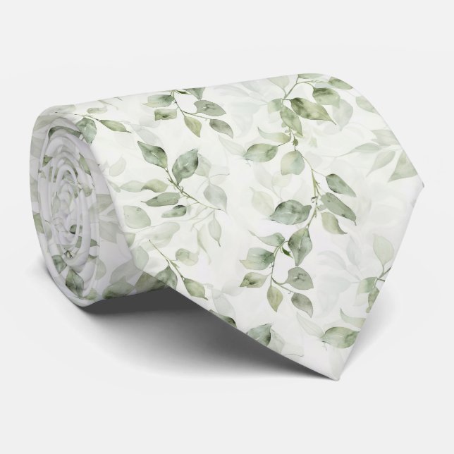 Botanical Green Leaf Pattern  Tie (Rolled)