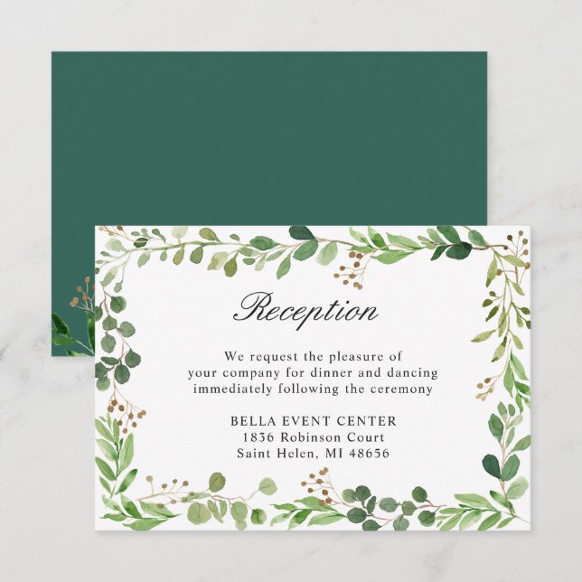 Botanical Green Leaves Border Wedding Reception Invitation (Front/Back)