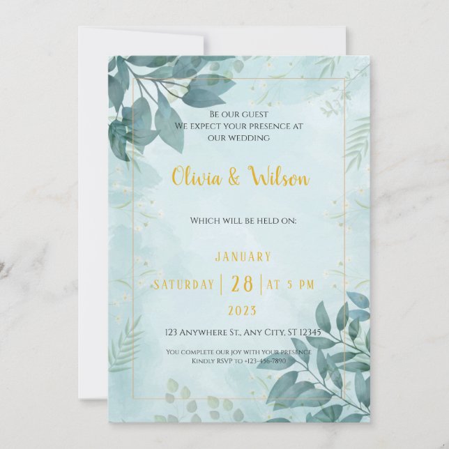 Botanical Green Leaves Minimal Wedding Invitation (Front)