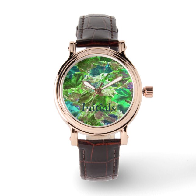 Botanical Green Leaves Nature Initialled Watch (Front)