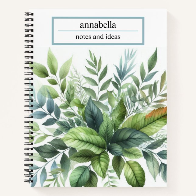 Botanical Green Leaves Watercolor Elegant Notebook (Front)