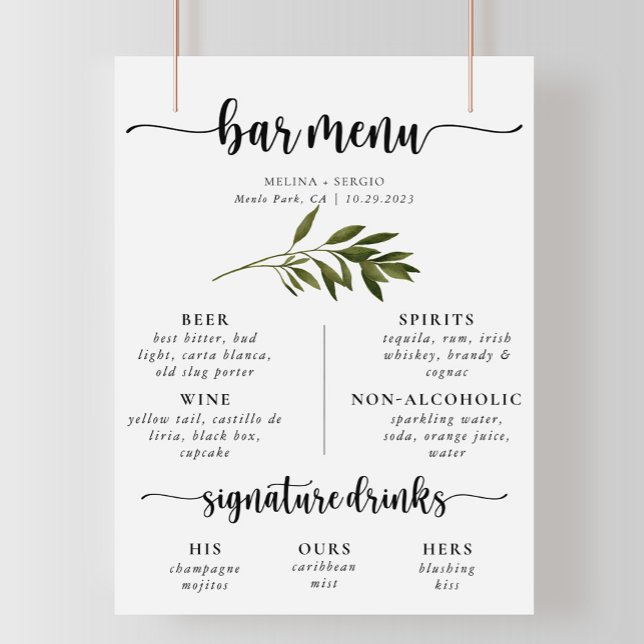 Botanical Green Leaves Wedding Bar Menu  Poster (Creator Uploaded)