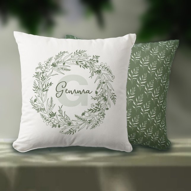 Botanical Green Monogram G Design Throw Pillow (Creator Uploaded)
