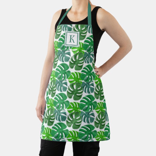 Botanical Green Palm Leaves Monogram Apron (Insitu)
