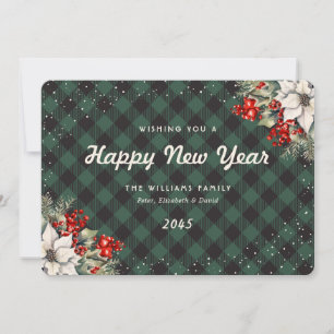 Botanical Green Plaid Snow New Year Card
