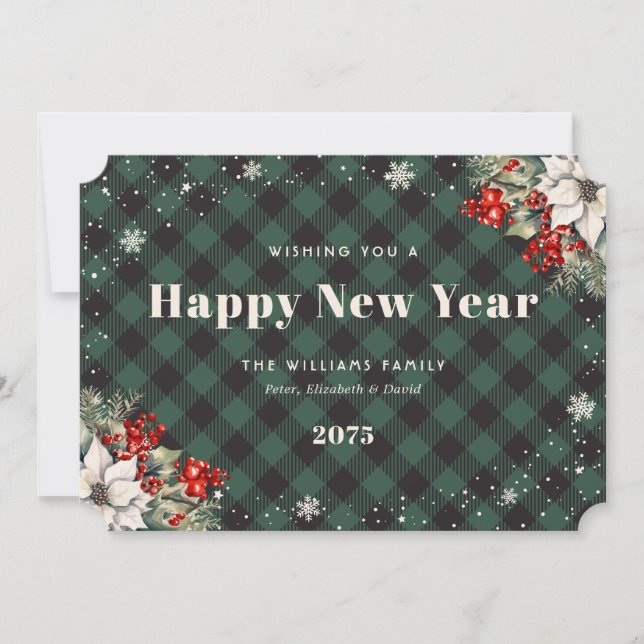 Botanical Green Plaid Snowflake New Year Card (Front)
