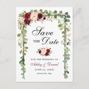 Botanical Green Save The Date Burgundy Floral Wood Announcement Postcard