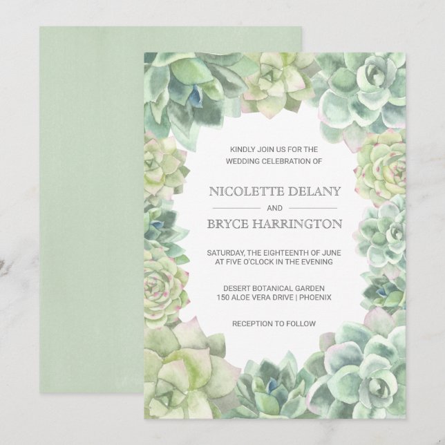 Botanical Green Succulents Border Wedding Invitation (Front/Back)