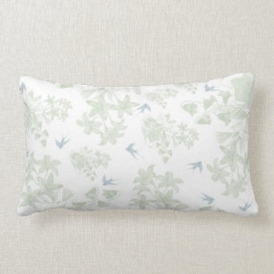 Botanical green vintage elegant floral grey birds lumbar pillow