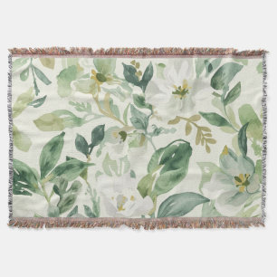 Botanical Green Watercolor Floral Leaves Nature  Throw Blanket