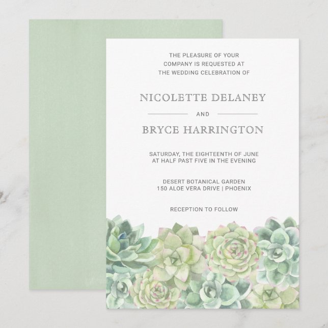 Botanical Green Watercolor Succulent Wedding Invitation (Front/Back)