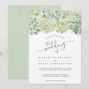 Botanical Green Watercolor Succulents Wedding Invitation