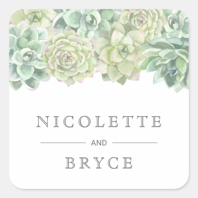 Botanical Green Watercolor Succulents Wedding Square Sticker (Front)