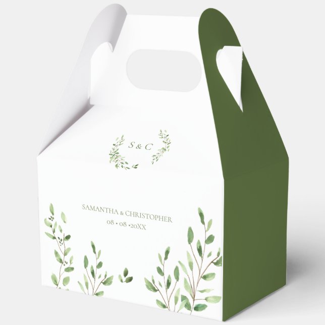 Botanical Green Watercolor wedding monogram Favor Box (Front)