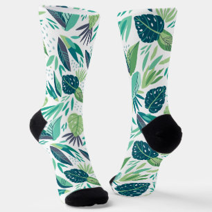 Botanical Green & White Leafs Pattern Socks
