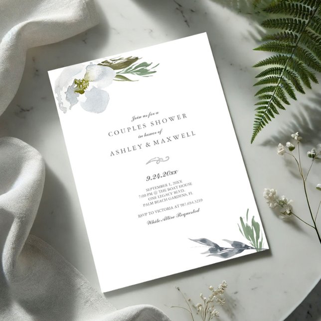 Botanical Green & White Shower Watercolor Florals Invitation (Couples shower invitation watercolor grey flowers and greenery VG Invites)