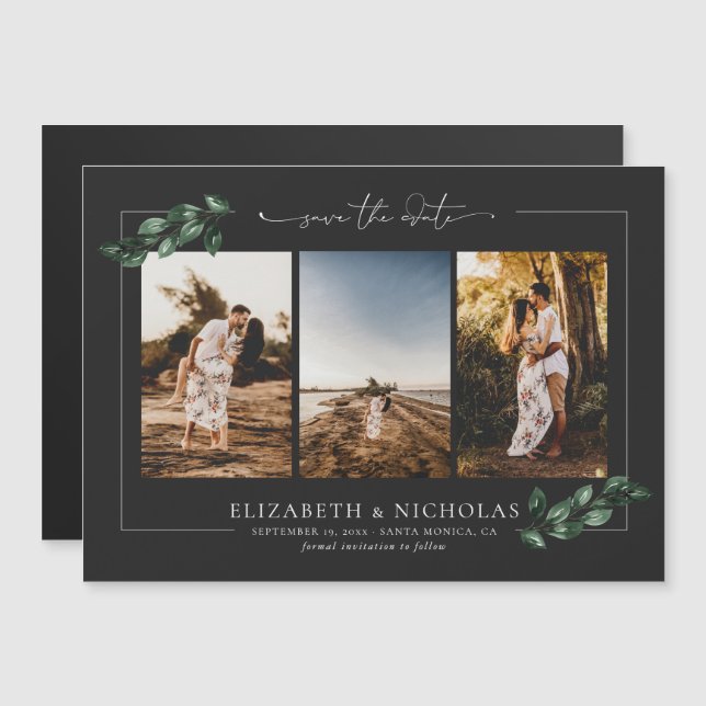 Botanical Greenery | 3 Photo Wedding Save the Date Magnetic Invitation (Front/Back)