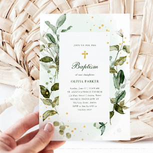Botanical Greenery and Gold Cross Baptism Invitation