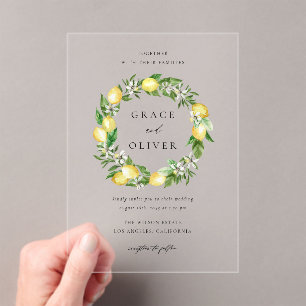 Botanical Greenery and Lemon Wreath Summer Wedding Acrylic Invitations