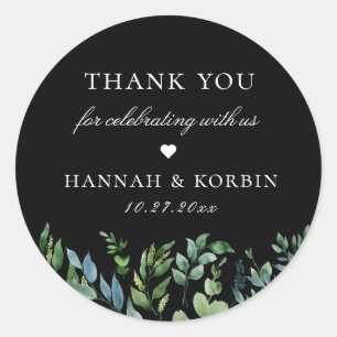 Botanical Greenery Black Wedding Favour Classic Round Sticker
