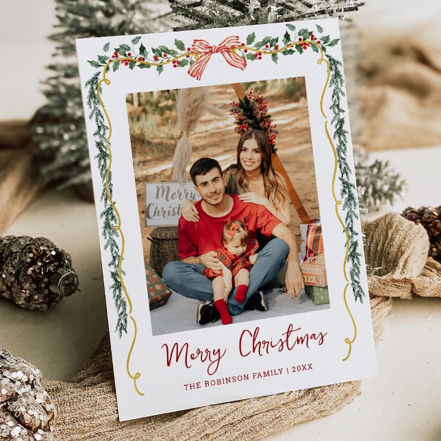 Botanical Greenery & Bow Merry Christmas 1 Photo Holiday Card (Creator Uploaded)