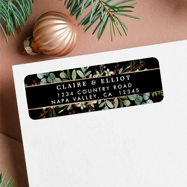Botanical Greenery Christmas Black Return Address  (Creator Uploaded)